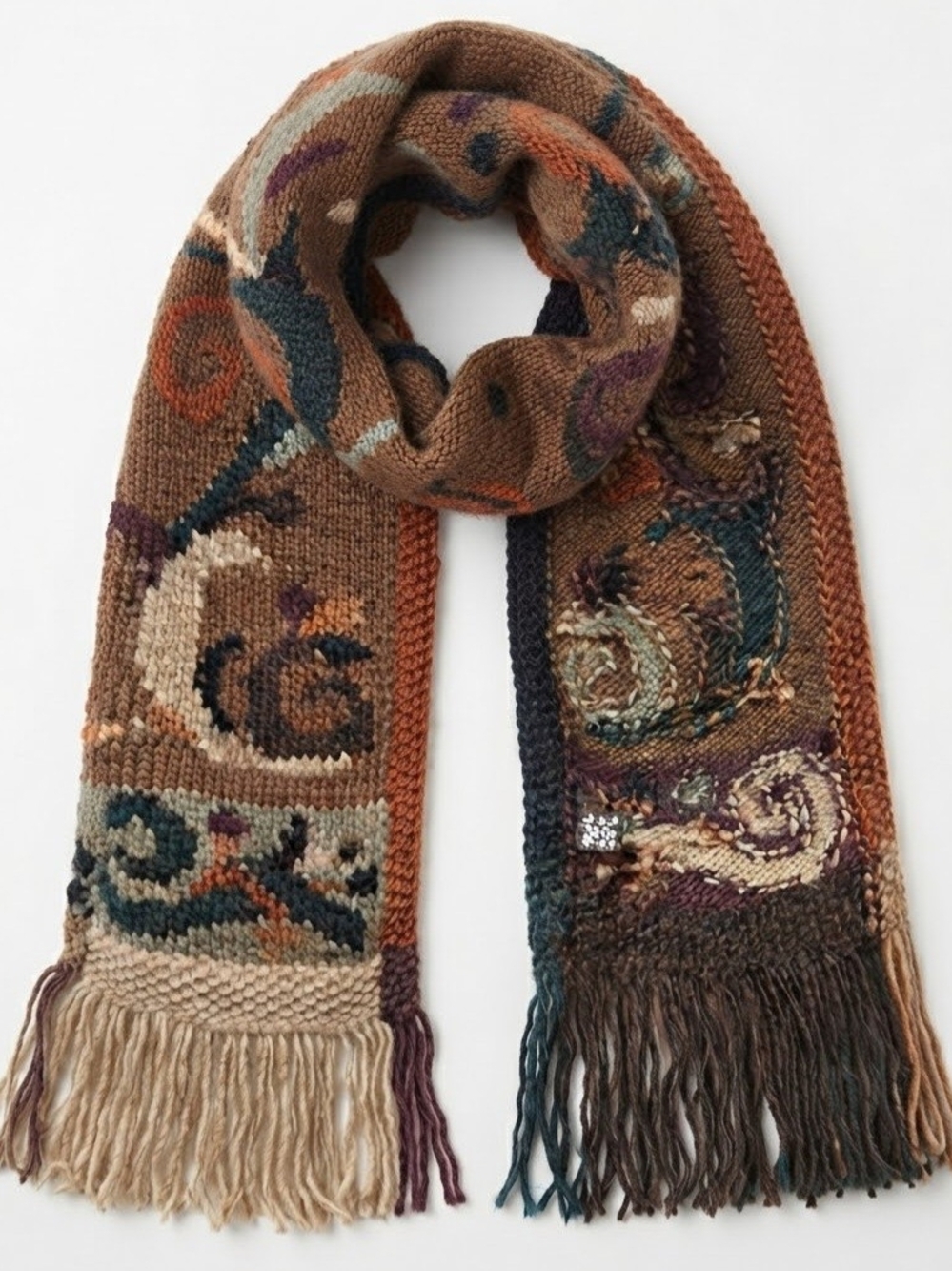 Tara Handknitted 100% Wool Scarf - Brown Bohemian Pattern (86" x 11")